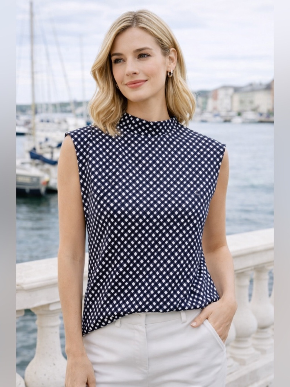 Ann Taylor Navy & White Gingham Sleeveless Top Back Zip Size Medium